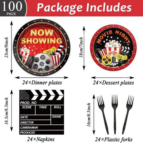 Movie Night Party Plates Movie Themed Party Tableware Now Showing Movie Theater Themed Decorations Dinnerware for Movie Night Red Carpet Birthday Party Supplies Paper Plate Napkins Serve 24