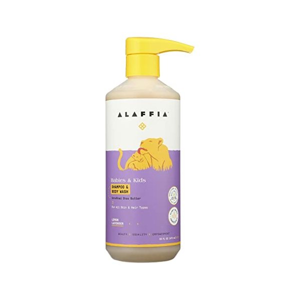 Alaffia Babies and Kids Shampoo and Body Wash, Gentle and Calming Support for Soft Hair and Skin with Shea Butter, Neem, and Coconut Oil, Fair Trade, Lemon Lavender, 16 Fl Oz