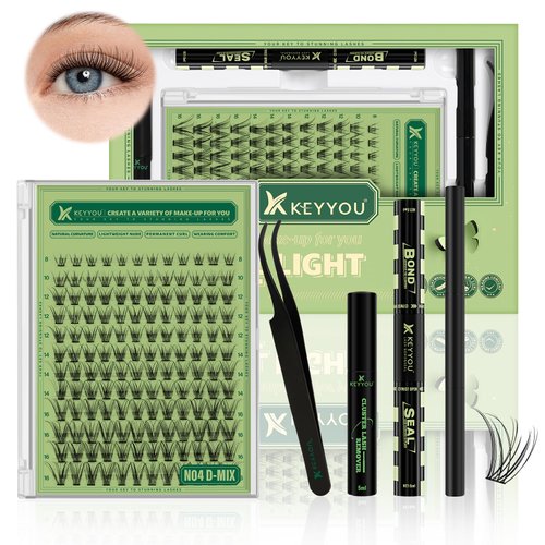 Natural Lash Clusters Kit 144Pcs DIY Lash Extension Kit Wispy Eyelash Extensions Kit D Curl 8-18MIX with Bond and Seal and tweezers with Thin Lash Band by KEYYOU（KIT-N04-D-8-18MIX）