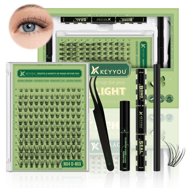 Natural Lash Clusters Kit 144Pcs DIY Lash Extension Kit Wispy Eyelash Extensions Kit D Curl 8-18MIX with Bond and Seal and tweezers with Thin Lash Band by KEYYOU（KIT-N04-D-8-18MIX）