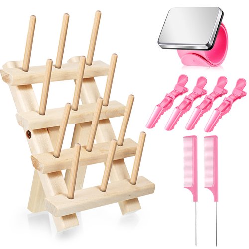 Yinkin Hair Braiding Rack Spool Mini Wooden Thread Holder Separator Rack with Magnetic Pin Wristband Stainless Steel Rat Tail Comb with Wide Teeth Alligator Hairclip for Hair Braid Maker (Small)