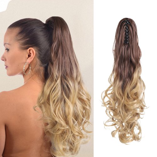 Neverland Beauty Ombre Ponytail Extensions Claw Clip, 22 Inch Curly Wave Gradient Claw Clip In Ponytail Hair Extensions Long Pony Tails Natural Brown to Golden Synthetic Hair piece for Women Girls