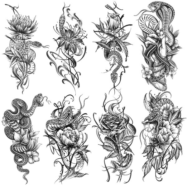 Oottati 8 Sheets Waterproof Arm Temporary Tattoo Stickers Elegant Float Simple Sketch Line Drawing Cobra Snake Twine Rose Hand Flower