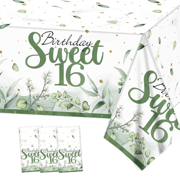 PATIAI Sweet 16 Party Decorations 3Pack Sweet 16 Birthday Tablecloths Sage Green 16th Birthday Disposable Plastic Rectangle Table Cover for Her Birthday Party Supplies 71 x 43 Inches