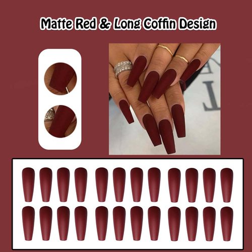 ANDGING Matte Red Press on Nails Long Coffin Fake Nails for Women Girls Glue on Nails Acrylic Square False Nails Full Cover Manicure Press on Nail Reusable Gel Stick on Nails for Wedding 24Pcs A-1