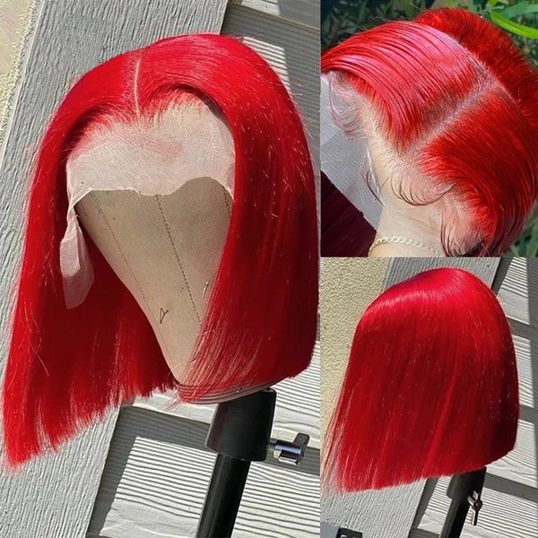 Pre Plucked 13X4 Straight Red Bob Wig Human Hair Lace Frontal Wigs With Baby Hair Natural Hairline 100% Unprocessed Human Virgin Hair HD Transparent Lace Frontal Blunt Cut Red Bob Wigs For Black Women