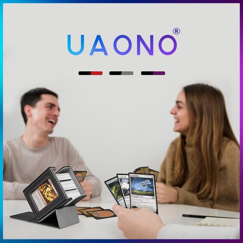 UAONO Card Deck Box with MTG Commander Display, Patented Design Card Deck Case Holds 100+ Double-Sleeved Cards, PU Leather Cards Storage Box for TCG with 2 Dividers, 1 Toploader (Black)