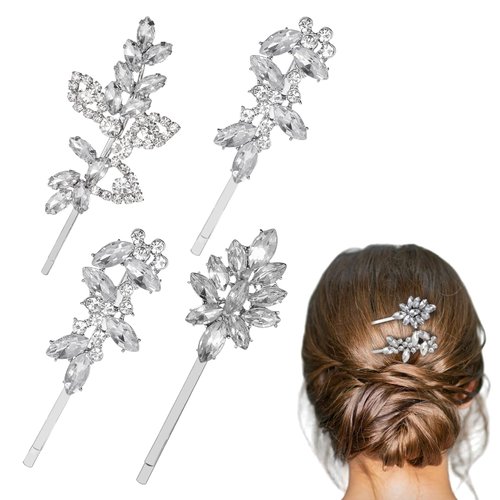 Tyqour 4 Pieces Silver Rhinestonehair Decorative Clips Rhinestone Bridal Hair Pins Bridal Hair Cl...