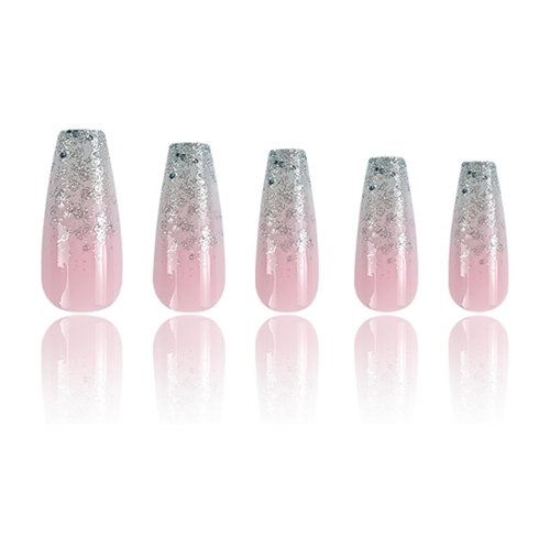 Hkanlre Bling Press on Nails Long Fake Nails Tips Full Cover Sequins False Coffin Nails for Women and Girls 24PCS