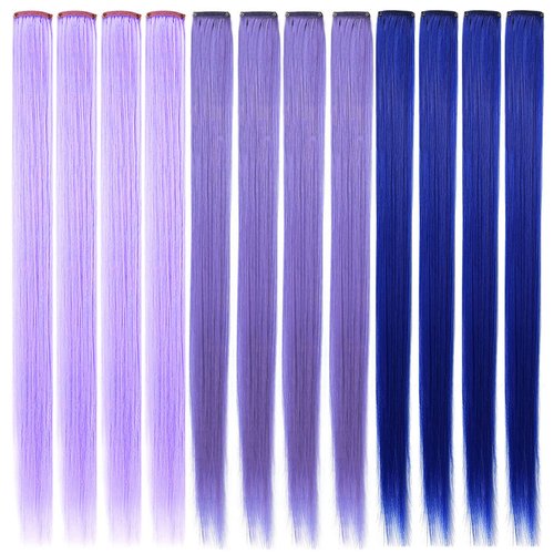 Fcysws 12 Pcs Colored Clip in Hair Extensions 21 Inch Heat-Resistant Synthetic Straight Hair Extensions for Women Girls Gift Party Highlights Multi-colored Hairpiece (Light purple,Lavender,Blue)