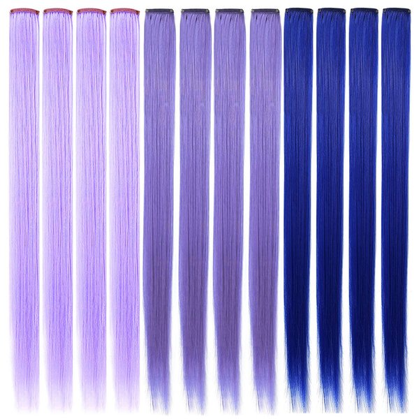 Fcysws 12 Pcs Colored Clip in Hair Extensions 21 Inch Heat-Resistant Synthetic Straight Hair Extensions for Women Girls Gift Party Highlights Multi-colored Hairpiece (Light purple,Lavender,Blue)