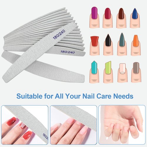 Nail Files (12 Pack), 180/240 Grit Wooden Emery Board Nail File Double Sided Wood Emory Fingernail Files for Natural Nails Professional Reusable Manicure Pedicure Curved