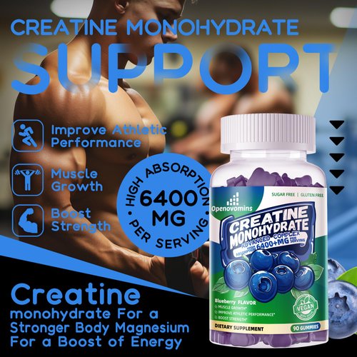 Creatine Monohydrate Gummies Complex 6400mg for Men & Women -Advanced Formula W/L-Taurine + Vitamin B12, Sugar Free Chewable Supplement,180 Blueberry Gummies 2pack