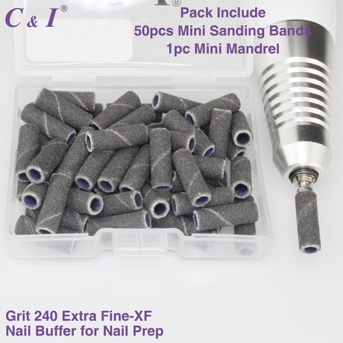 C & I Nail Drill Bits 50pcs Mini Sanding Bands & 1pc Mini Mandrel Acrylic Gel Nails Remove Fake Nails Shaping Cuticle & Nail Prep Function Nail Supplies for Nail Techs (240 Extra Fine-XF,Black)