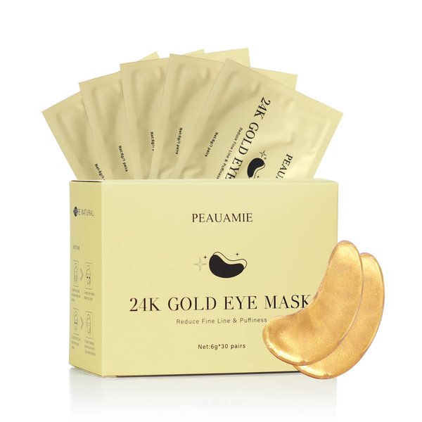 PEAUAMIE Under Eye Patchs (30 Pairs) 24k Gold Eye Mask and Hyaluronic Acid Eye Patch and Rose Eye Masks for Dark Circles and Puffiness Wrinkle Eye Bags (24k Gold)