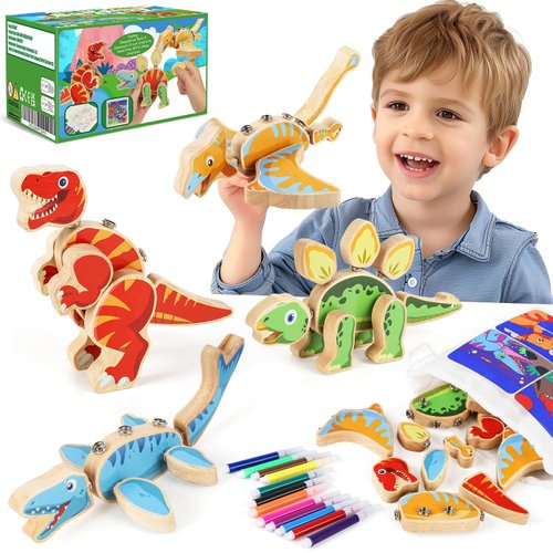 GLEEHAPY Dinosaur Wooden Toys,Snap on Dino Together Building Blocks,Take Apart Playset, STEM Montessori Educational Fine Motor Skill Learning Birthday Gift for 3 4 5 6+ Years Old Boy Girl Kids