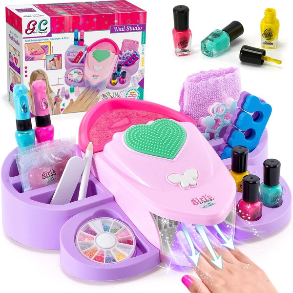 G.C Kids Nail Polish Set for Girls Toy 6-12 Years Old, Nail Art Kit Storage Desk with Nail Dryer&Hand Massage Spa Kit, Kid Manicure Salon Studio Stuff Christmas Birthday Gift Girl Ages 7 8 9 10 11 12