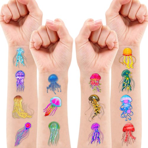 97 PCS Jellyfish Temporary Tattoos - Under The Sea Creatures Mermaid Ocean Themed Stickers for Kids Birthday Party Supplies, Decorations, Favors, and Prizes - Cute Gifts for Boys and Girls