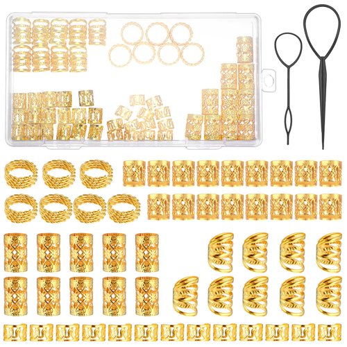 JIEYAO Gold Hair Jewelry for Braids, 110 Pcs Dreadlocks Beads, Hair Braid Rings Clips Dread Locks Coils Rings Loc Tube Bead Braid Accessories with 2 Pcs Pull Hair Pins for Braids Decoration