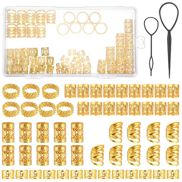 JIEYAO Gold Hair Jewelry for Braids, 110 Pcs Dreadlocks Beads, Hair Braid Rings Clips Dread Locks Coils Rings Loc Tube Bead Braid Accessories with 2 Pcs Pull Hair Pins for Braids Decoration