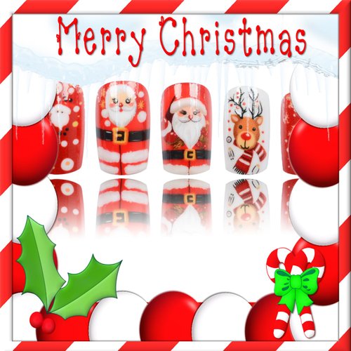 Christmas Press on Nails Red Medium Fake Nails, Santa Claus Press on Nails Cute with Santa Claus Snowflake Elk Designs Acrylic Nails Glossy Full Cover Winter Xmas Glue on Nails for Women 24Pcs