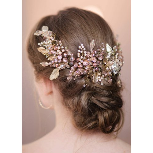 Kercisbeauty Champagne Beads Headband for Brides Bridal Tiara Headpiece for Women Special Occasion Jewelry Garden Wedding Tiara Bun Hair Accessories