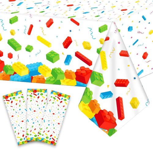 3 Pcs Building Blocks Party Tablecloth 105 x 54 inches Building Blocks Theme Party Decorations Disposable Plastic Table Cover for Children Kids Blocks Birthday Party Decor Supplies Favors(White)