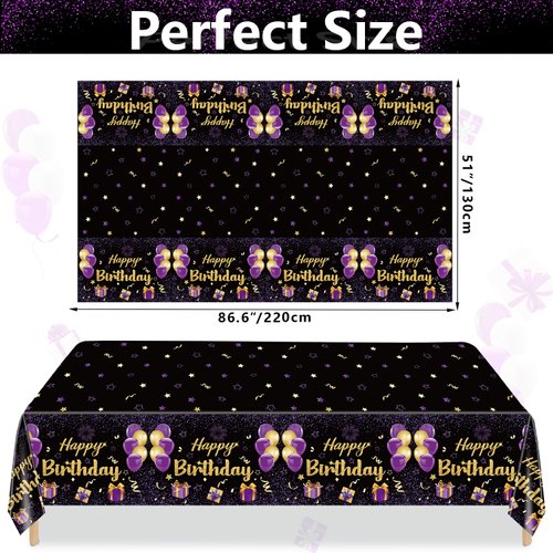 QUERICKY 4 Pack Black and Purple Happy Birthday Tablecloths, 51x87'' Plastic Disposable Rectangle Purple Gold Birthday Party Table Covers for Women Girls Birthday Party Decorations Supplies