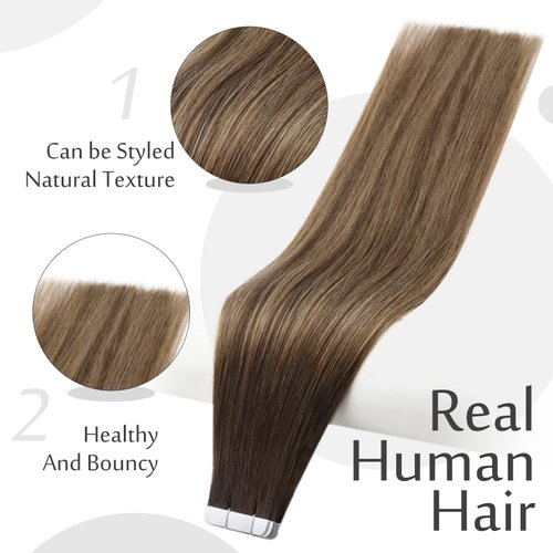 Full Shine 12 Inch Invisible Tape in Hair Extensions Human Hair Adhesive Tape in Extensions Human Hair Balayage Color 2 Darkest Brown Fading to 3 Dark Brown and 27 Honey Blonde 30 Grams 20Pcs