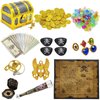 182 Pieces Kids Golden Frame Pirate Treasure Chest Toy Set with Lock Pirate Map Coins Gems Earrings Rings Eye Patch Compass Telescope Play Paper Money, Pirate Role Play Treasure Hunting Game for Kids
