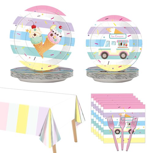101Pcs Ice Cream Themed Party Supplies, Paper Plates, Tissues, Tablecloths, Birthday Decorations, Children's Ice Cream Themed Parties