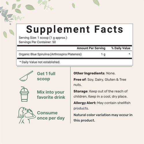 Organic Blue Spirulina Powder (Phycocyanin Extract), 50 Servings - No Fishy Smell, 100% Vegan Protein from Blue-Green Algae, Natural Luminous Food Coloring for Smoothies, Baking, Drinks & Cooking
