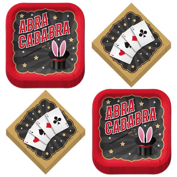 Magic Party Supplies - Magician Square Paper Dessert Plates and Playing Card Beverage Napkins (Serves 16)