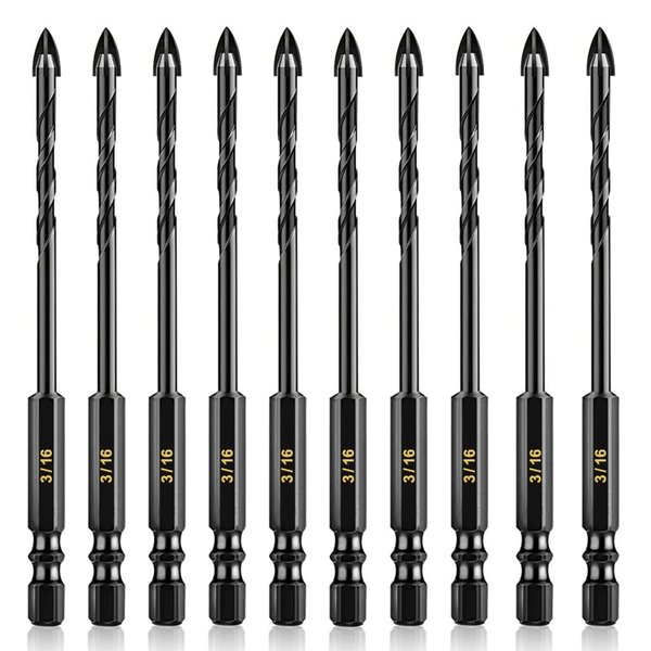 AVERZELLA 3/16" Tungsten Carbide Concrete Drill Bit Set with Four-Cross Edge& Hex Shank,10 PCS 5mm Drill Bits for Metal,Masonry Drill Bit Set 3/16 Inch for Tile/Ceramic/Glass/Mirror/Brick/Cement
