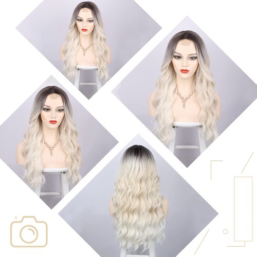 MORICA Platinum Blonde Wigs for Women Long Wavy Wigs Ombre Platinum Blonde Wig with Middle Part Wig Curly Hair Wig Dark Roots Synthetic Heat Resistant for Daily Party 26 Inches
