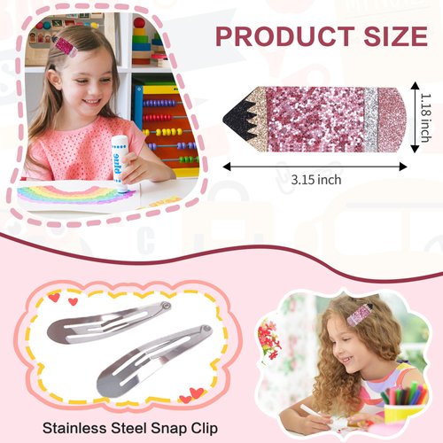 5 Pack Back to School Pencil Snap Hair Clips, Beleki Glitter Pencil Hair Clips for Women Girls Teacher Appreciation Gift First Day of School Shool Hair Accessories for Teachers Student