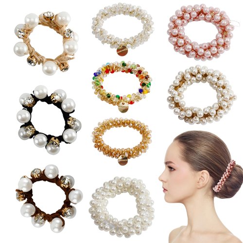 Meisuitd 9Pcs Pearl Hair Ties Rhinestone Elastics Hair Scrunchies Hold Crystal Beads Bulk Hair Ropes Stretchy Handmade Boho Hair Accessories for Women Girls (Pearl&Crystal)