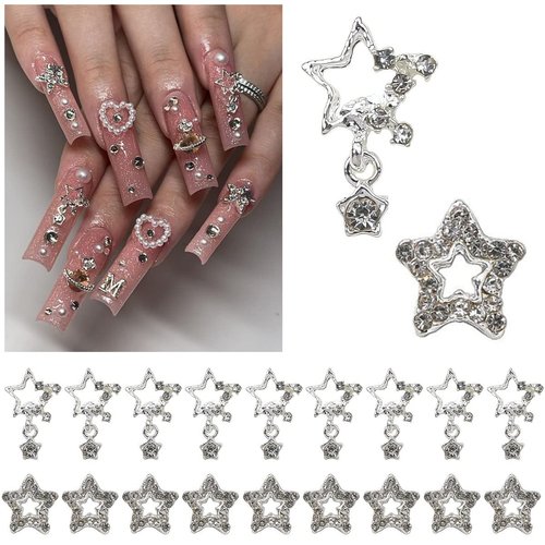 qiipii 20Pcs Star Nail Charms for Acrylic Nails 3D Silver Stars Nail Rhinestones Nail Gems Jewels Pentagram Cute Crystal Diamond Alloy Studs Nail Art Supplies Decor for Nails Face Makeup Crafts DIY