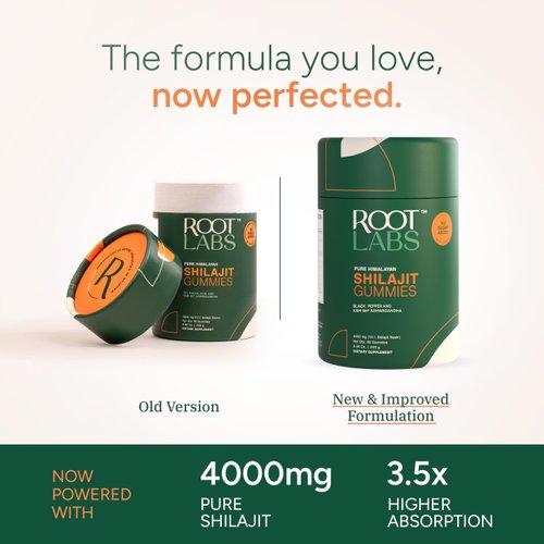 ROOT LABS 4000 mg Pure Himalayan Shilajit Gummies I No Added Sugar I KSM-66 Ashwagandha, Gokshura| 75%+ Fulvic Acid & 85+ Trace Minerals I Men,Women I Non-GMO I Lab Tested I 100% Natural I 60 Gummy