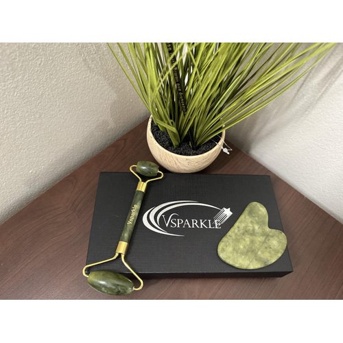 Vsparkle Premium Rose Quartz Jade Roller and Gua Sha Set for Face - Natural Beauty and Relaxation (Green)