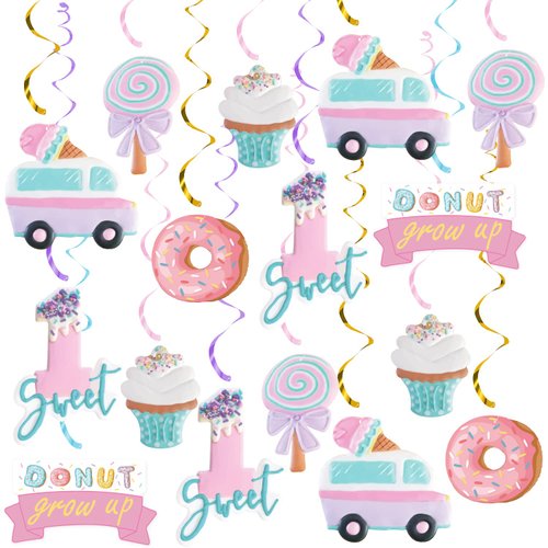 Pastel Ice Cream Sweet One First Birthday Party Decorations, Ice Cream and Donut Party Hanging Swirl, Summer Ice Cream Party Ceiling Hanging Streamers for Ice Cream 1st Bday Girls Donut Party Supplies