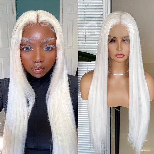 COCOFANS White Synthetic Lace Front Wigs for Women Girls Long Silky Straight Lace Wig Glueless Natural Hairline Wig Middle Part Heat Resitant Fiber Hair