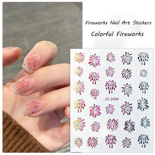 6PCS Colorful Firework Nail Stickers Decal 3D Self-Adhesive Romantic Starry Sky Sparkling Fireworks Holographic Laser Gold Silver Design Blooming Pyrotechnics New Year for Women Manicure Decoration