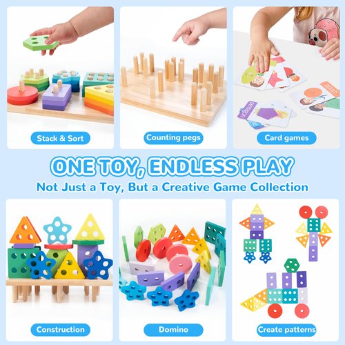 AMAWOOD Wooden Baby Shape Sorter Toy, Baby Stacking Toys for Toddlers 1-3, Montessori Puzzles and Sensory Toys, Learning Building Blocks for Kids Ages 2-4, 1 2 3 Year Old Boy Girl Birthday Gift