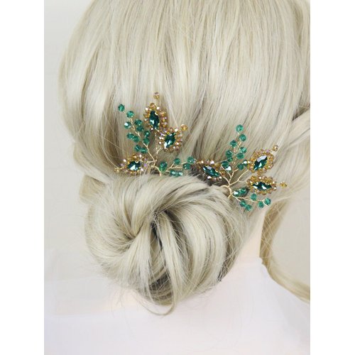 Brihasory Green Gold Bridal Hair Pins 2PCS Wedding Hair Pieces for Brides, Handmade Crystal Hair Clip for Women Hair Accessories, Daily Party Prom Hair Decoration Bridesmaid Gifts(Green)