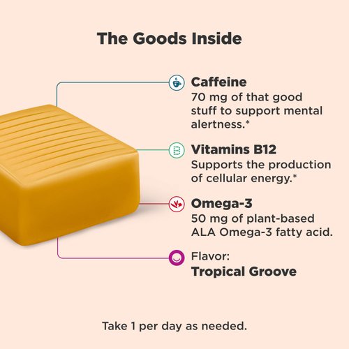 OLLY Energized Thinker Brainy Chews, 70mg of Caffeine, Vitamin B12 & Omega-3, Energy Supplement, Tropical, Vegetarian, 20 Count