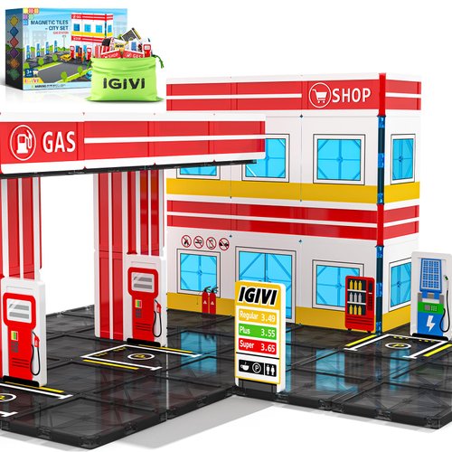 Magnetic Tiles Gas Station Set, STEM Magnet Building Blocks for Toddler Kids Toys Games, Magworld Expansion Pack, Christmas Toys for 3+ Years Old Boys & Girls