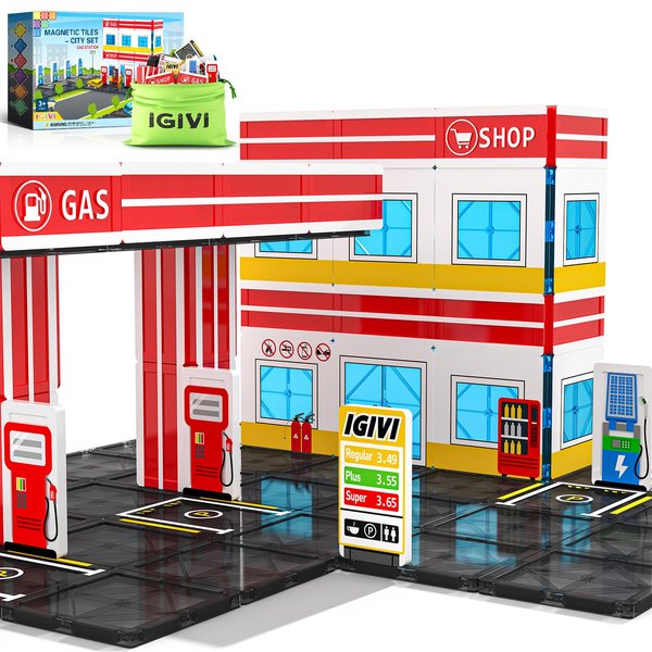 Magnetic Tiles Gas Station Set, STEM Magnet Building Blocks for Toddler Kids Toys Games, Magworld Expansion Pack, Christmas Toys for 3+ Years Old Boys & Girls