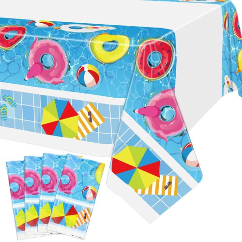 Hegbolke 4 Pack Summer Beach Ball Party Tablecloths - 86.6x51.2in Disposable Plastic Pool Party Ocean Tablecloth for Hawaiian Beach Swimming Pool Party Decorations