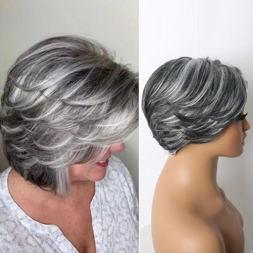 Jolelyne Short Dark Gray Bob Wigs Wavy Layered Bob Wig with Curtain Bangs for Women Synthetic Highlight Sliver Ombre Grey Bob Wig Pixie Cut Wig Gray Hair Wigs for Women Black Mixed Gray Wavy Wig